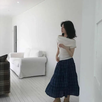 Shirred Tiered Check A-Line Long Skirt