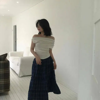 Shirred Tiered Check A-Line Long Skirt