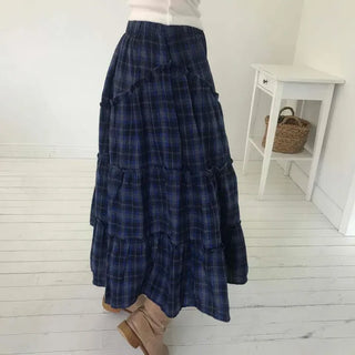 Shirred Tiered Check A-Line Long Skirt