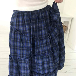 Shirred Tiered Check A-Line Long Skirt