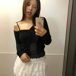 Slim Fit One-Shoulder Ribbed Long Sleeve Short Cardigan