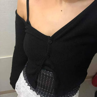 Slim Fit One-Shoulder Ribbed Long Sleeve Short Cardigan