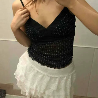 Fitted Dot Frill V-Neck Sleeveless