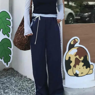 Loose Fit String Lace Contrast Wide Long Pants