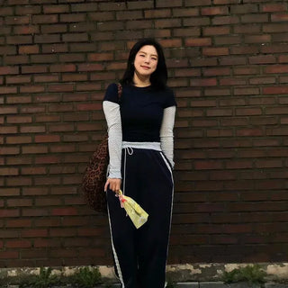 Loose Fit String Lace Contrast Wide Long Pants