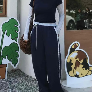 Loose Fit String Lace Contrast Wide Long Pants