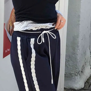 Loose Fit String Lace Contrast Wide Long Pants