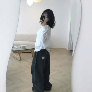 Loose Fit Button Snap Wide Long Pants