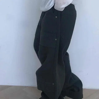 Loose Fit Button Snap Wide Long Pants