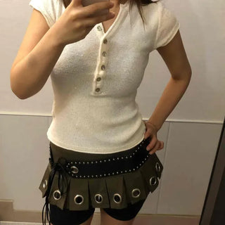 Eyelet Stud Pleated Mini Skirt