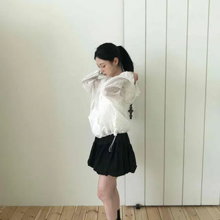 Loose Fit Polka Dot Zipper Shirred Full-Zip Short Windbreaker