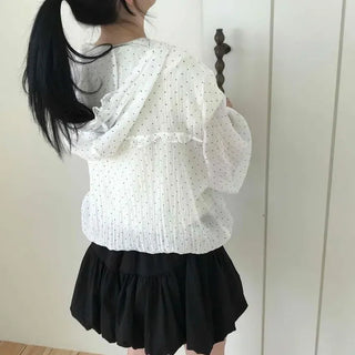 Loose Fit Polka Dot Zipper Shirred Full-Zip Short Windbreaker