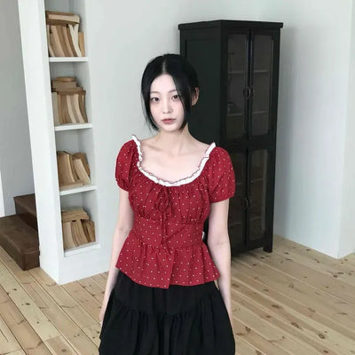 Fitted Dot Shirred Frill Backless Blouse
