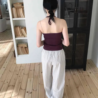 Loose Fit Striped String Wide Daily Long Pants