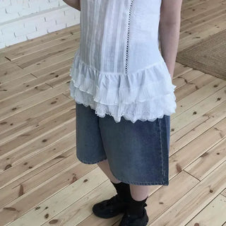 Loose-fit Washed Wide Casual Bermuda Denim Shorts
