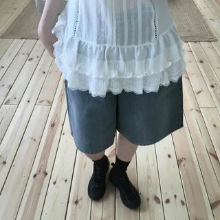 Loose-fit Washed Wide Casual Bermuda Denim Shorts