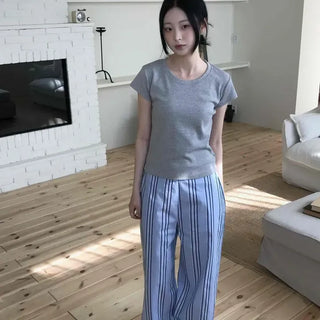 Relaxed Fit Striped Wide Straight Long Pants