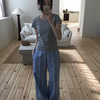 Relaxed Fit Striped Wide Straight Long Pants