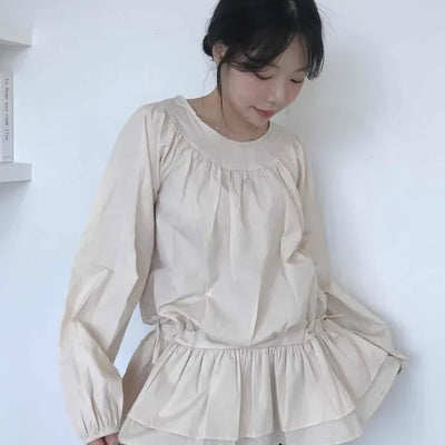 Loose-fit Plain Shirred Frill Long-sleeve Blouse