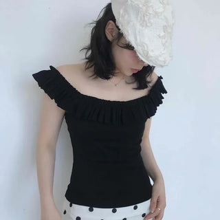 Fitted Plain Frill Shirred Off-Shoulder Sleeveless