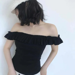 Fitted Plain Frill Shirred Off-Shoulder Sleeveless