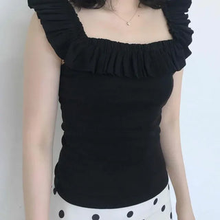 Fitted Plain Frill Shirred Off-Shoulder Sleeveless
