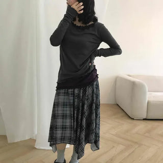 Loose-fit Check Shirred A-line Flare Midi Skirt