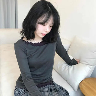 Slim Fit Plain Frill Layered Daily Long Sleeve T-shirt