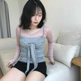 Fitted Dot Shirred Strap Wrap Sleeveless