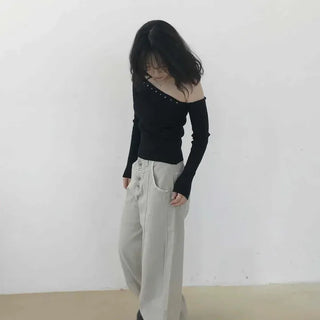Loose-fit Button Washed Wide Casual Long Pants