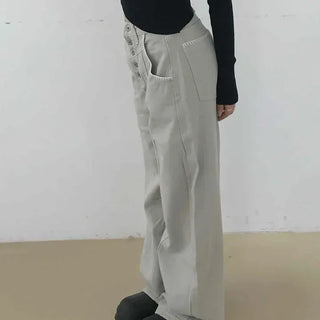 Loose-fit Button Washed Wide Casual Long Pants