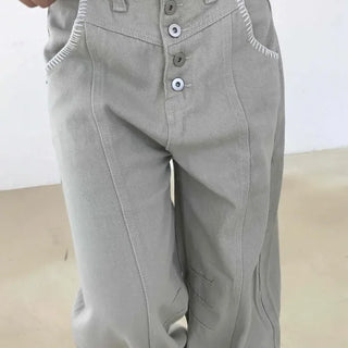 Loose-fit Button Washed Wide Casual Long Pants