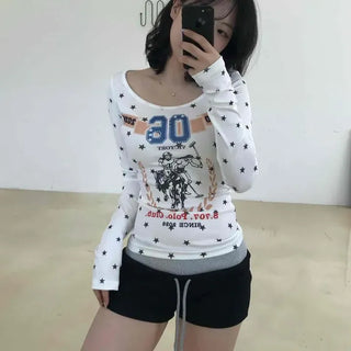 Slim Fit Printed Lettering Numbering Daily Long Sleeve T-shirt