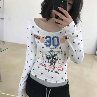 Slim Fit Printed Lettering Numbering Daily Long Sleeve T-shirt