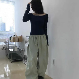 Loose Fit String Pintuck Wide Barrel Daily Long Pants