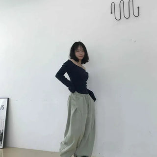 Loose Fit String Pintuck Wide Barrel Daily Long Pants