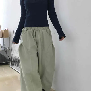 Loose Fit String Pintuck Wide Barrel Daily Long Pants