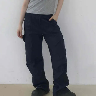 Loose Fit Cargo Pocket Flap Pocket Pintuck Wide Long Pants