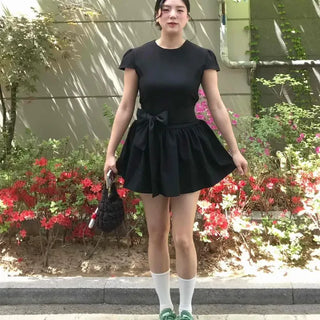 Fitted Plain Shirred Ribbon Short Sleeve A-Line Mini Dress