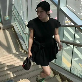 Fitted Plain Shirred Ribbon Short Sleeve A-Line Mini Dress