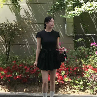 Fitted Plain Shirred Ribbon Short Sleeve A-Line Mini Dress
