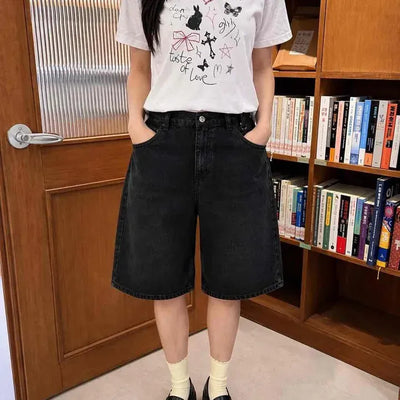 Loose-fit Washed Button-up Wide Daily Shorts