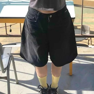 Loose-fit Washed Button-up Wide Daily Shorts