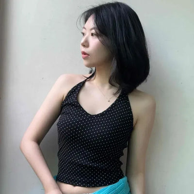 Slim Fit Dot Ribbon Halter Neck Sleeveless