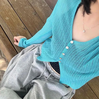 Half-Button See-through Ribbed Cardigan