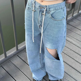 Loose-fit Washed Button-Drawstring Wide Long Pants