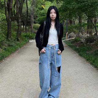 Loose-fit Washed Button-Drawstring Wide Long Pants