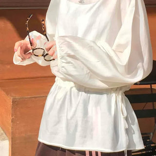 Plain round-neck loose-fit blouse
