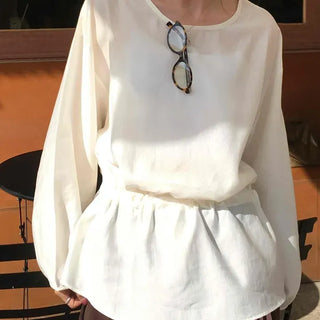 Plain round-neck loose-fit blouse