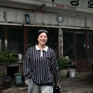 Oversized Striped Button Contrast Long Sleeve Sweatshirt